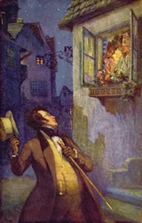 Viennese postcard depicting Franz Peter Schubert greeting the three Tschoell sisters, c.1910